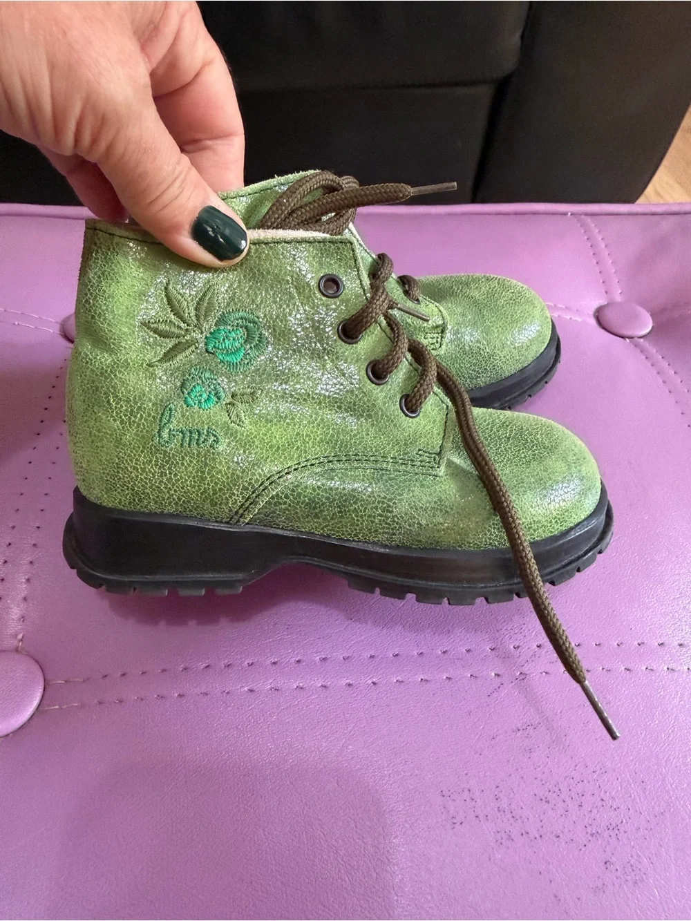 Girls Green Lace-Up Ankle Boots with Embroidered Floral Detail